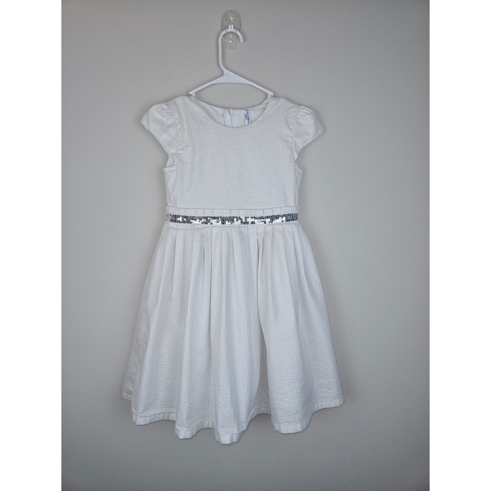 Coccodrillo Elegant Girls White Silver Sequin Pinstripe Dress Size 9Y 134/135